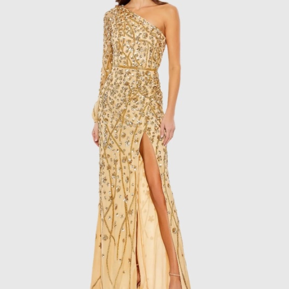 MAC DUGGAL 5659 GOLD EMBELLISHED ONE LONG SLEEVE FAUX WRAP THIGH SLIT GOWN sz 8 - Picture 2 of 5